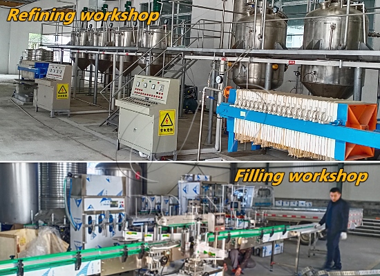 Small scale cooking edible vegetable oil refining and filling machine running video