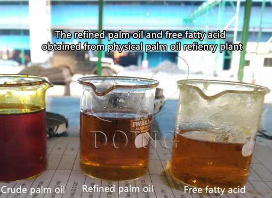 What are the products and by-products obtained from crude palm oil refining?